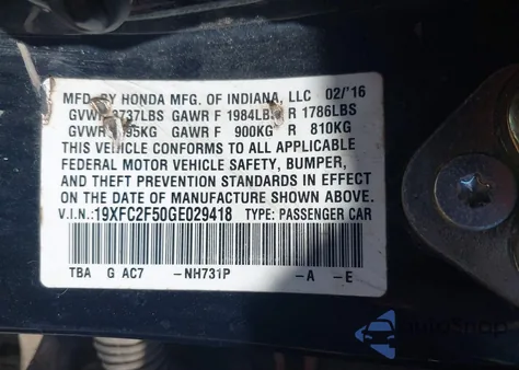 2016 Honda Civic Lx from USA, damaged, VIN 19XFC2F50GE029418